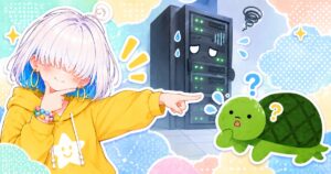 AIが得意げに亀を指差すが、奥のサーバーが冷や汗をかいている挿絵