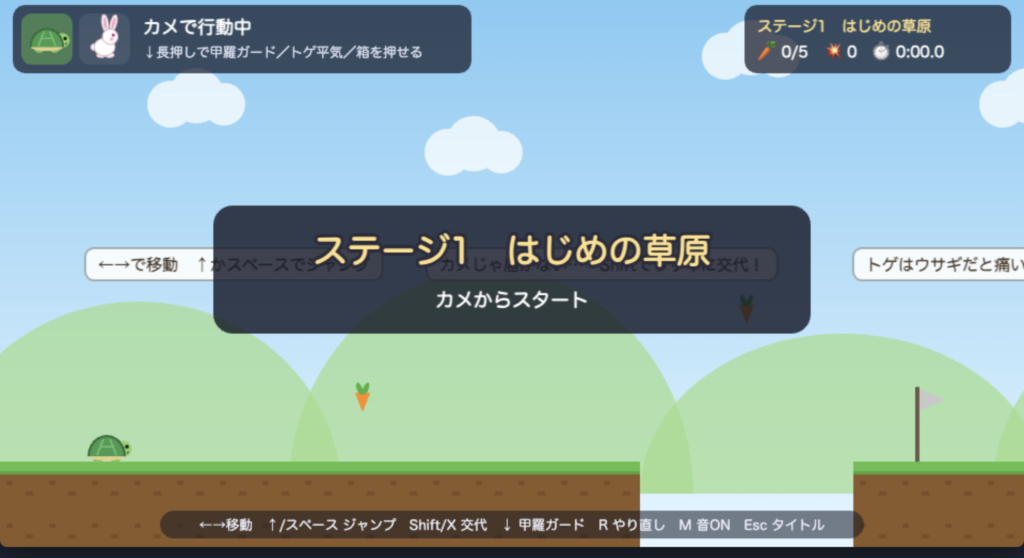 完成したカメとウサギのゲーム ステージ1の画面